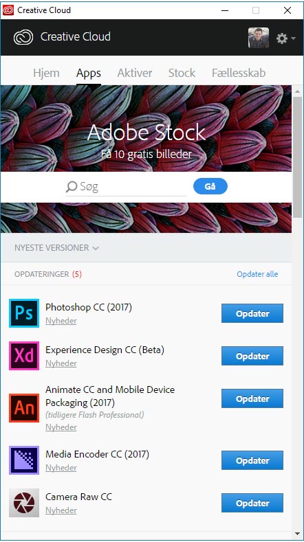 Updatering af adobe programmerne