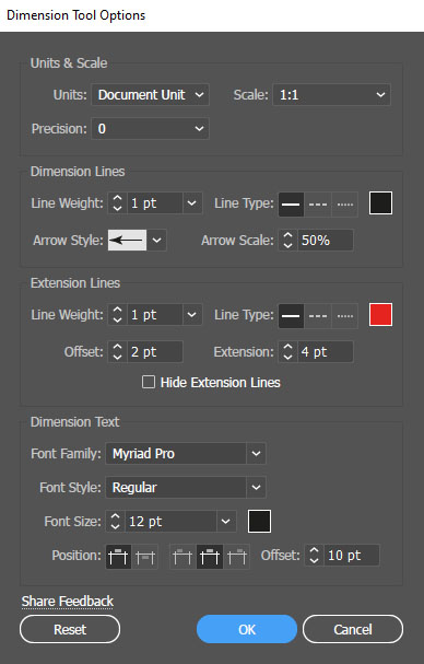 dimensions tool options